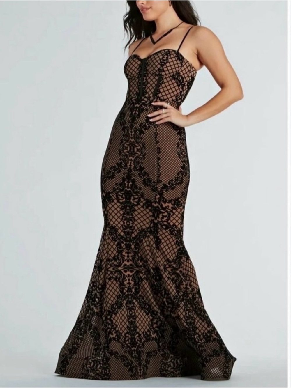 Windsor Black Lace Overlay Maxi Dress with Nude Lining
